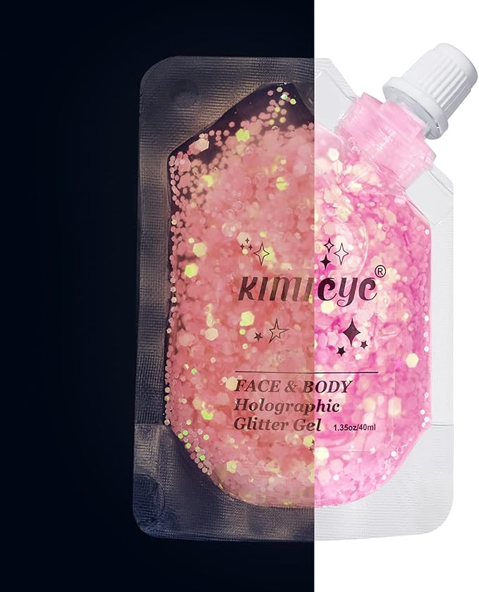 Holographic Face Glitter Gel Body Shimmer Makeup for for Hair, Face, Clavicle, Arm, Nail, Eyeshadow, Long Lasting Waterproof Mermaid Sequins Party Glitter for Rave Festival, 1.35oz (Luminous Pink)-FlexoryFit