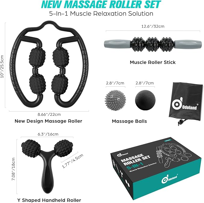 Odoland Foam Roller Set with 360° Trigger Point Massage Roller, Muscle Roller Stick, Y Shaped Handheld Roller, 2 Massage Ball for Leg, Arms, Muscle Myofascial and Deep Tissue Pain Relief, Black-FlexoryFit