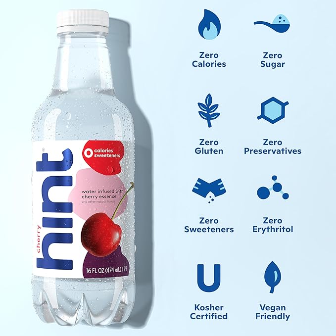 Hint Water Purple Variety Pack (Pack of 12), 16 Ounce Bottles, 3 Bottles Each of: Raspberry, Watermelon, Cherry, and Peach, Zero Calories, Zero Sugar and Zero Sweeteners-FlexoryFit