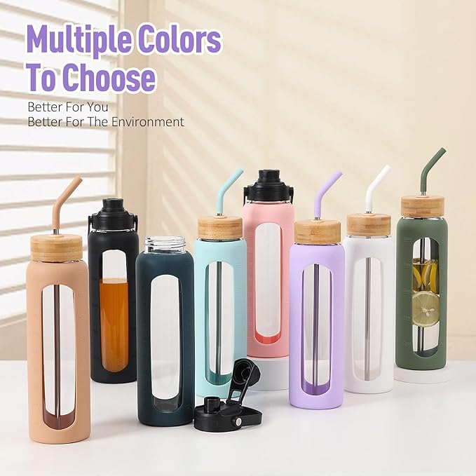 Kodrine Water Bottle with Straw, 24 oz Glass water Bottle with 2 Lids Bamboo Straw Lid and Spout Lid with Handle, 32 oz Clear Water Bottle Glass for Sports Travel, Waterbottle with Time Marker-FlexoryFit