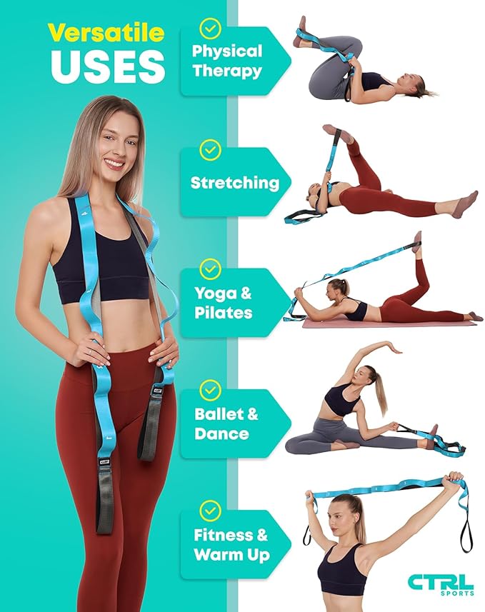 Stretching Strap with Loops - Non Elastic Stretch Band for Physical Therapy, Yoga Strap for Stretching Equipment, Stretch Bands for Exercise and Flexibility - Fascia, Hamstring & Leg Stretcher Belt-FlexoryFit