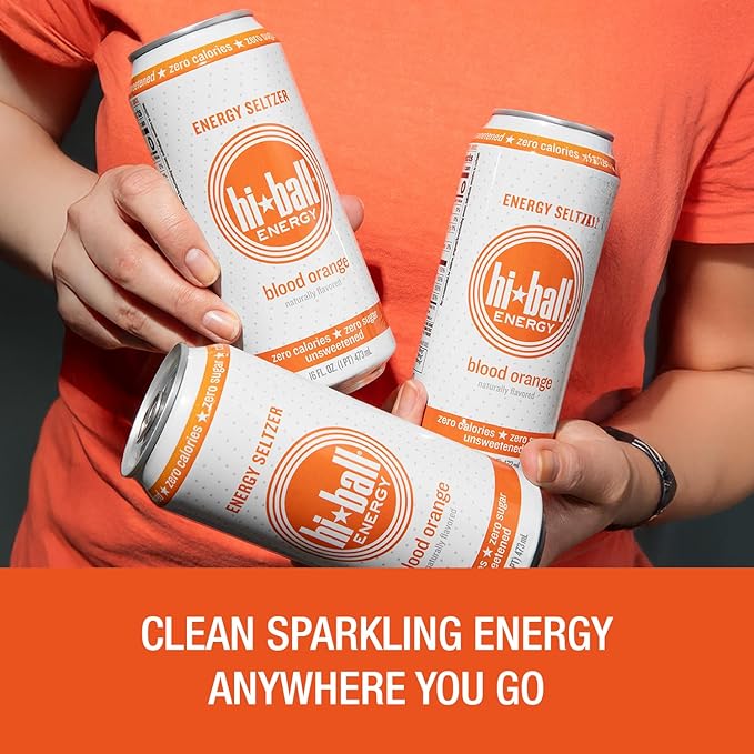 Hiball Energy Seltzer Water, Caffeinated Sparkling Water Made with Vitamin B12 and Vitamin B6, Sugar Free of 16 Fl Oz(Pack of 8), Blood Orange-FlexoryFit