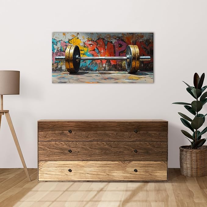 VANSEEING Graffiti Gym Wall Art Canvas Prints Barbell Weightlifting Fitness Picture Sport Motivational Artwork Oil Painting Wall decor for Workout Bedroom Fitness Boys Room 40x20 inch-FlexoryFit