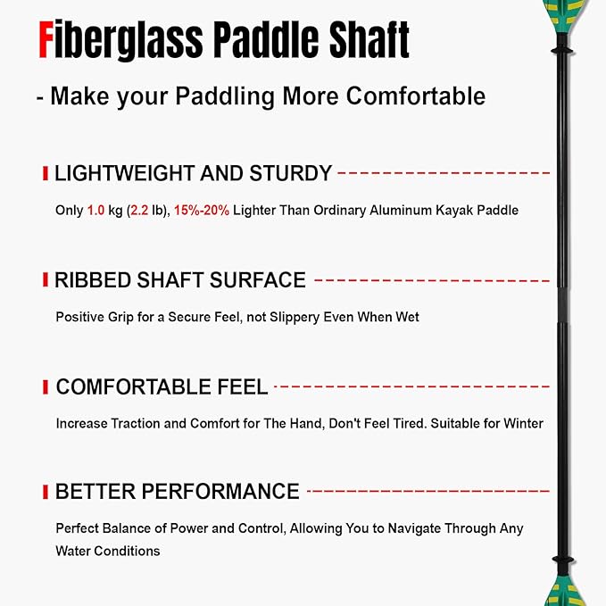 Kayak Paddles with Fiberglass Shaft and Reinforced PP Blade, Floating Adjustable Kayaking Oars, 3 Piece, 220-240 cm/86-94 Inches, 240-260 cm/94-102 Inches
