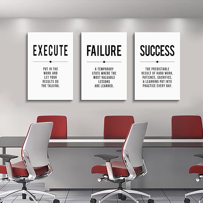 Framed Canvas Wall Art Success Quote, Office Wall Art, Black Large Poster, Positive Motivational Set of 3 Prints, Execute Failure Success Poster, Inspirational Print (D-3pcs,16x24inchx3pcs)-FlexoryFit