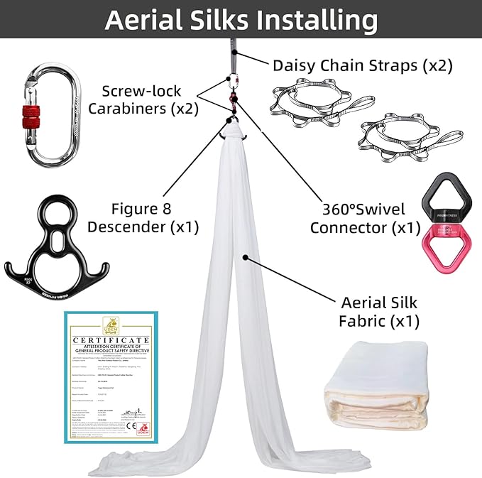 PRIOR FITNESS Aerial Silks Kit Colorful 9/15/20 Yards 40D Nylon Fabric Hammock Set With Hardware & Guide for All Levels Of Aerial Yoga Practice and Acrobatic Flying For Adults Aerial silk-FlexoryFit
