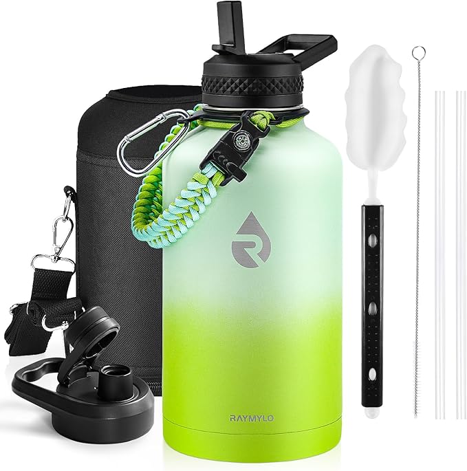 Insulated Water Bottle 64 oz, Triple Wall Vacuum Stainless Steel (Cold for 48 Hrs), Leak Proof & Non-BPA, Half Gallon Water Flask Jug with Paracord Handle & Straw Spout Lids-FlexoryFit