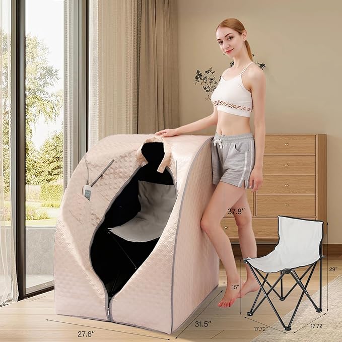Smartmak Far Infrared Sauna, Full Body One Person Portable SPA Set with Time & Tempreture Remote Control, Heating Foot Pad and Foldable Reinforced Chair (L 27.6โโ x W 31.5โโ x H 37.8โโ)- Pearl Pink