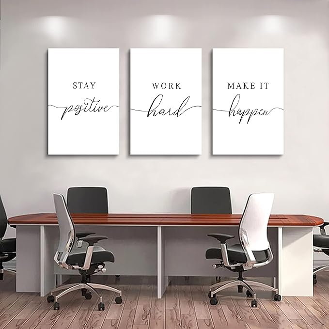 Framed Canvas Wall Art Work Quote, Office Wall Art Decor, Stay positive work hard make it happen, gift for father, boss gift, Inspirational Prints, Motivaional Wall Art (G-3pcs,16x24inchx3pcs)-FlexoryFit