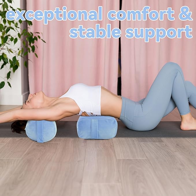 ROYALAY 2 Pcs Yoga Bolster Pillow for Restorative Yoga, Rectangular and Cylinder Meditation Pillow Set with Carrying Handles, Supportive Cushion for Exercise Workout Stretching Meditation,Sky Blue-FlexoryFit