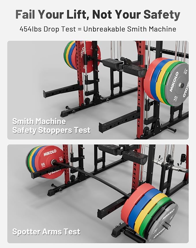 Mikolo Smith Machine, 2200lbs Squat Rack with LAT-Pull Down System & Cable Crossover Machine, Training Equipment with Leg Hold-Down Attachment-FlexoryFit