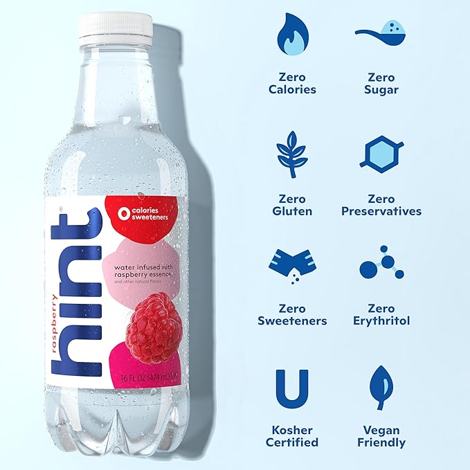 Hint Fruit-Infused Bottled Water, Raspberry - Sugar Free Flavored Water with Zero Calories, Naturally Flavored, and No Artificial Sweeteners - 16 Fl Oz (Pack of 12)-FlexoryFit