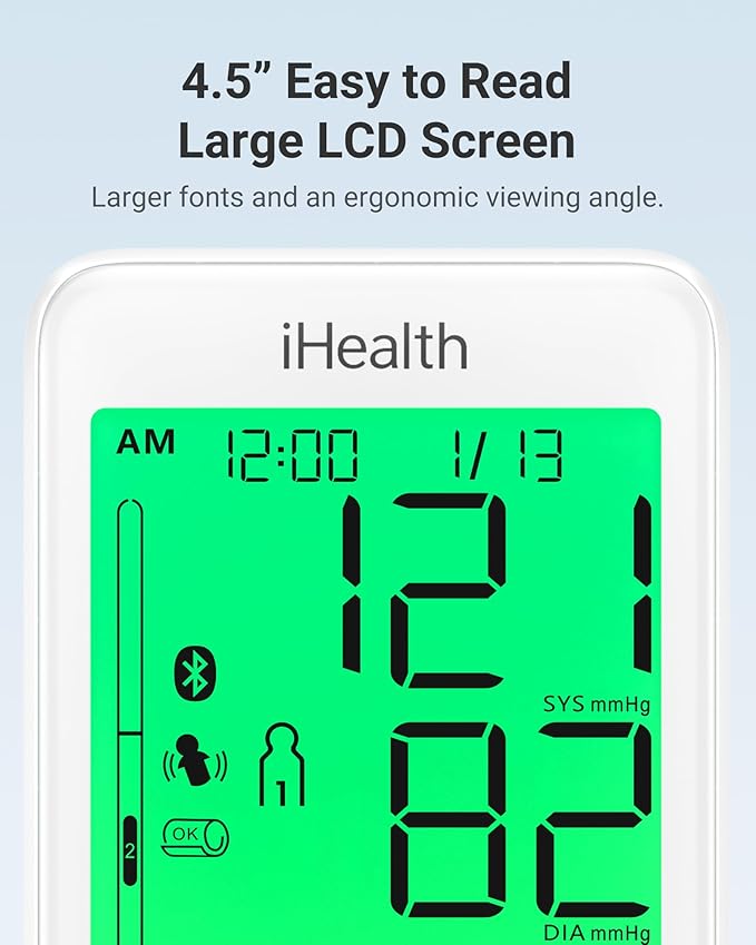 iHealth Accu Luminate Arm Blood Pressure Monitor – 4.5" Large Tri-Color WHO-Based LCD, Clinically Validated Accuracy, Irregular Heartbeat Alert, Bluetooth Cloud Sync, Adjustable Large 8.6"–17" Cuff-FlexoryFit