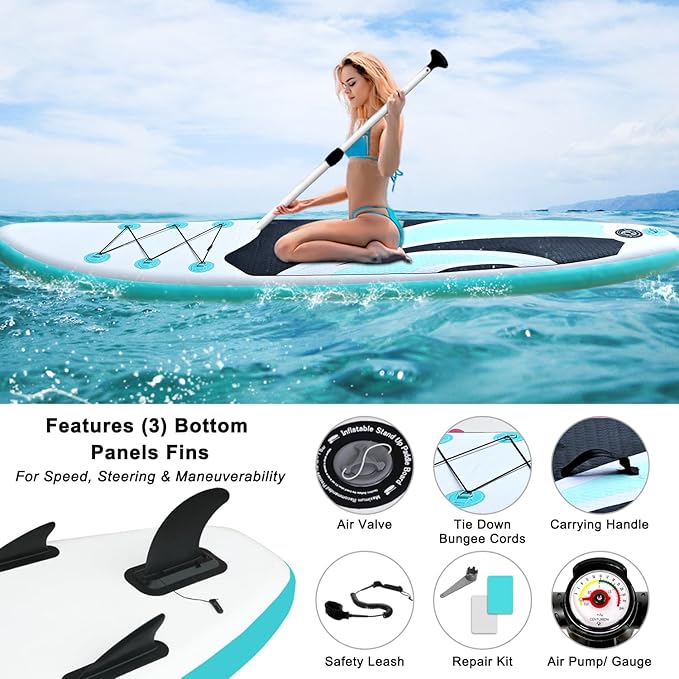 Inflatable Stand Up Paddle Board 10โx30โโ- Ultra-Light SUP with Backpack, Pump, Paddle, Coil Leash, 3 Fins, Repair Kit, Stable Design, Non-Slip EVA Deck for Adults & Youth