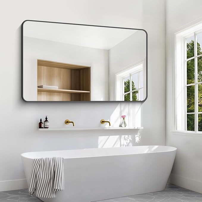 60x36 inch Large Bathroom Mirror,Black Rectangle Mirror,Wall Mounted Bathroom Frame Vanity Mirror with Round Corner for Bedroom Living Room, Entryway Hangs Horizontal or Vertical-FlexoryFit