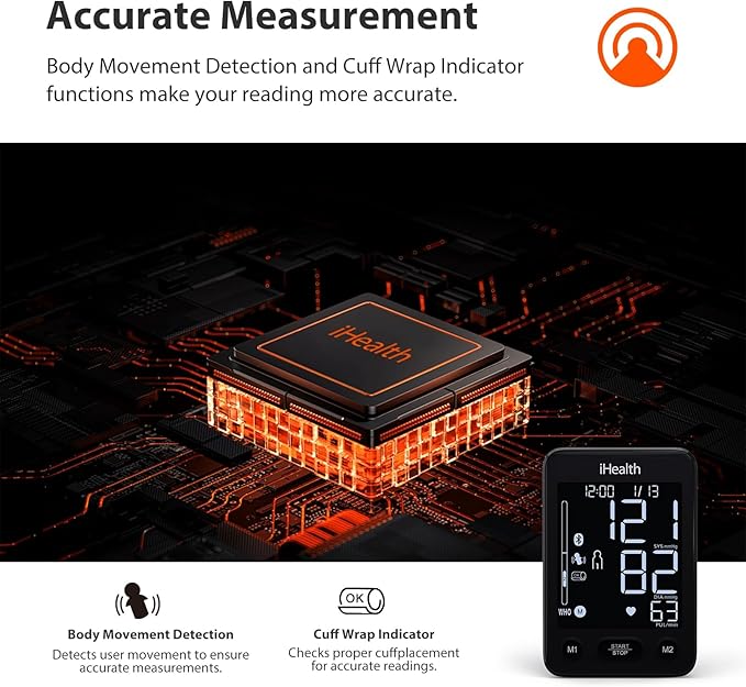 iHealth Accu Blood Pressure Monitor – 4.5" Large LCD, Clinically Accurate, Irregular Heartbeat Alert, Body & Cuff Detection, Bluetooth Sync, Adjustable Large 8.6"–17" Cuff– Easy for Seniors & Adults-FlexoryFit