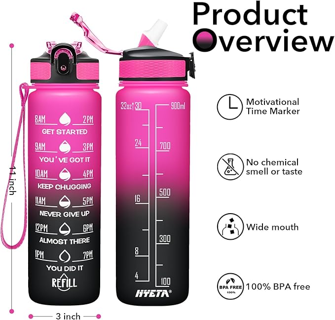 Hyeta 32 oz Water Bottles with Times to Drink and Straw, Motivational Water Bottle with Time Marker, Leakproof, Drinking Sports Water Bottle for Fitness, Gym and Outdoor-FlexoryFit