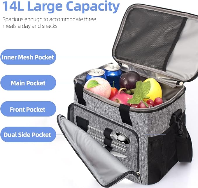 iknoe Thickened Lunch Bag - Soft Coolers Insulated, Leak Proof Tote with Zippered Top - Great for Work, Picnic, Beach - 18-Can Capacity, Grey-FlexoryFit