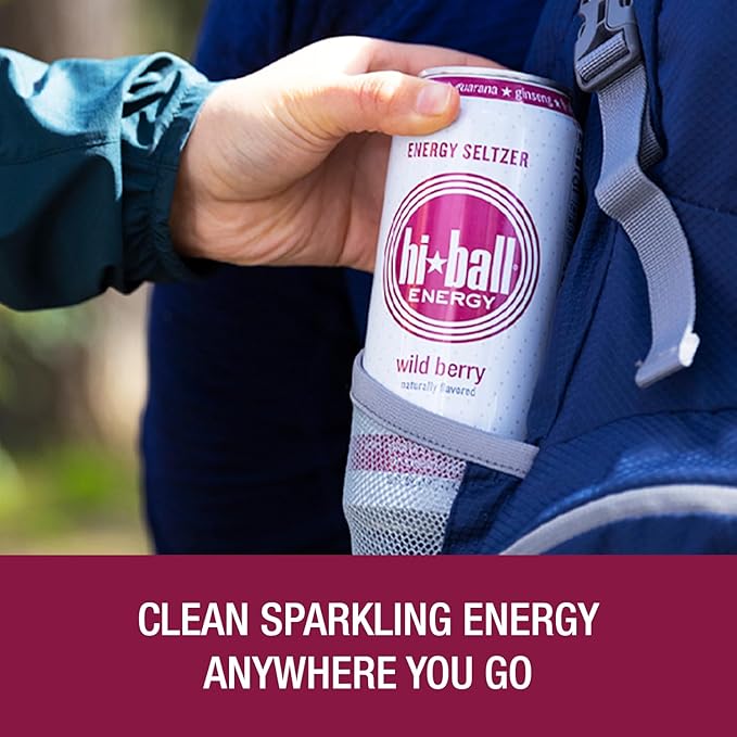 Hiball Clean Energy Drink - Wild Berry - Zero Sugar, Zero Calorie Sparkling Water with 160mg Organic Caffeine, 50mg Organic Ginseng, 50mg Organic Guarana and B Vitamins - 16 fl oz (8-Pack)-FlexoryFit