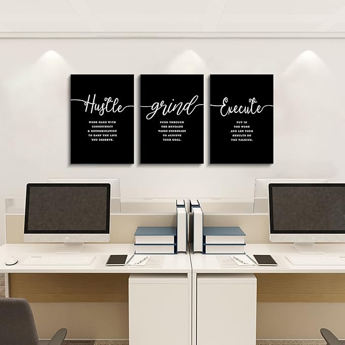 Office Decor - Hustle Quotes Execute Prints, Framed Canvas Wall Art Grind Quote, Office Wall Art, Black Large Poster, Positive MotivationalPrints, Inspirational Print (F-3pcs,12x16inchx3pcs)-FlexoryFit