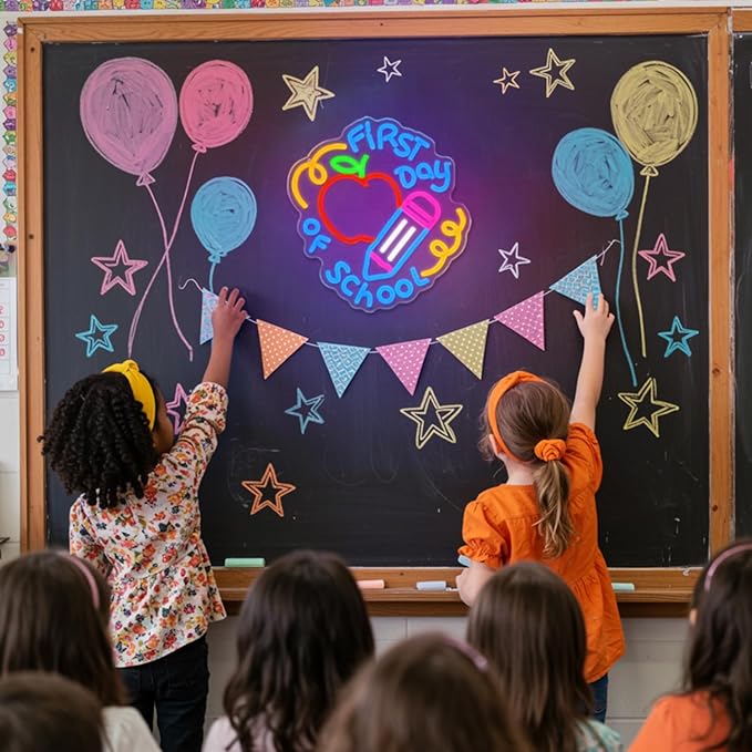 First Day of School Neon Sign for Classroom,Classroom Neon Sign,Colorful LED Back to School Wall Decor,Apple and Pencil Neon Light Sign for Classroom,Preschool,Photo Backdrop,Kids Room