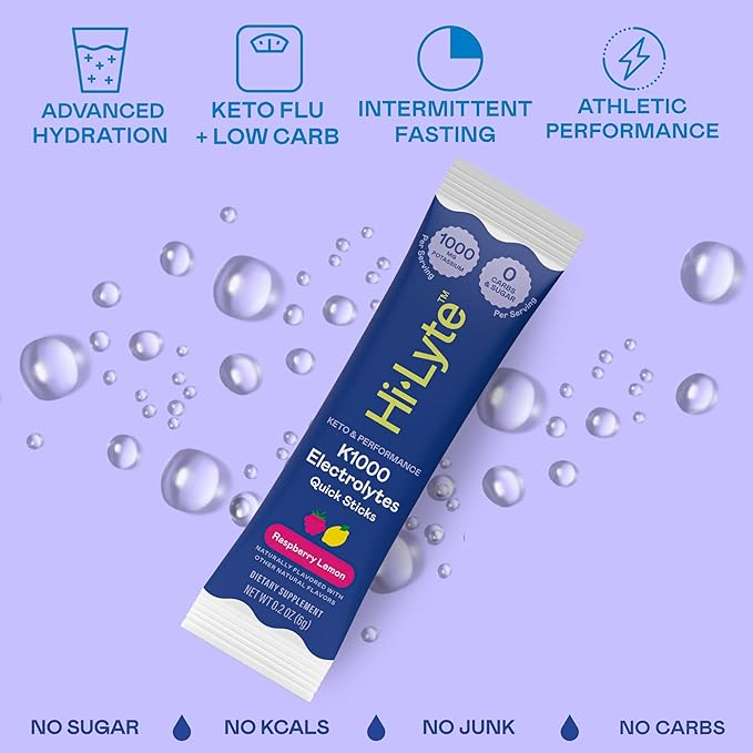 Hi-Lyte Keto & Performance - K1000 Electrolyte Quick Sticks - Raspberry Lemon - 1000mg Potassium, Magnesium, Calcium - Single-Serve Packets for Keto Hydration Support - No Sugar, No Carbs-FlexoryFit