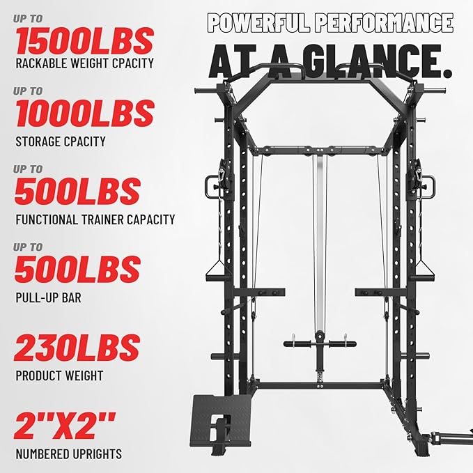 Mikolo Power Cage, Power Rack with Cable Crossover System, 1500LBS Squat Rack with LAT Pull Down System, Workout Cage with Pulley System for Fitness Home Gym-FlexoryFit