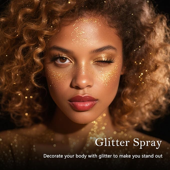 Holographic Body Glitter Spray - Shimmering Hair, Face & Body Sparkle for Festivals, Clothes, Nail Art Crafts Design & Special Events Makeup (Gold)-FlexoryFit