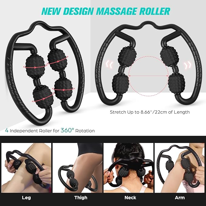Odoland Foam Roller Set with 360° Trigger Point Massage Roller, Muscle Roller Stick, Y Shaped Handheld Roller, 2 Massage Ball for Leg, Arms, Muscle Myofascial and Deep Tissue Pain Relief, Black-FlexoryFit