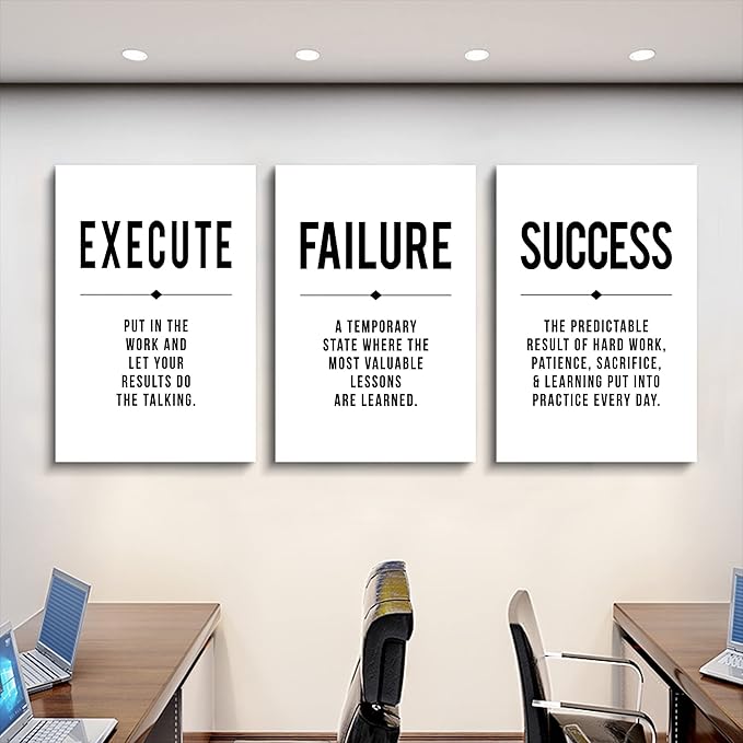 Framed Canvas Wall Art Success Quote, Office Wall Art, Black Large Poster, Positive Motivational Set of 3 Prints, Execute Failure Definition, Inspirational Print (D-3pcs,20x30inchx3pcs)-FlexoryFit
