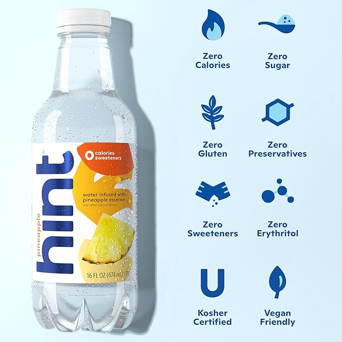 Hint Water Pineapple, Pure Water Infused with Pineapple, Zero Sugar, Zero Calories, Zero Sweeteners, Zero Preservatives, Zero Artificial Flavors, 16 Fl Oz (Pack of 12)-FlexoryFit