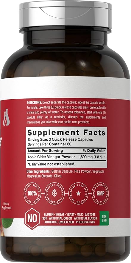 Horbaach Apple Cider Vinegar Capsules | 1800mg | 180 Count | Non-GMO, Gluten-Free Supplement | by Berkshire Labs-FlexoryFit