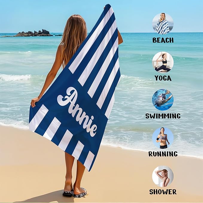 JML Personalized Beach Towel with Name, Custom Cabana Stripe Beach Towel, Customized Microfiber Pool Towel, Quick Dry & Absorbent Swim Towel for Adult,Mother's Day, Birthday, Summer Holiday,Vacation-FlexoryFit