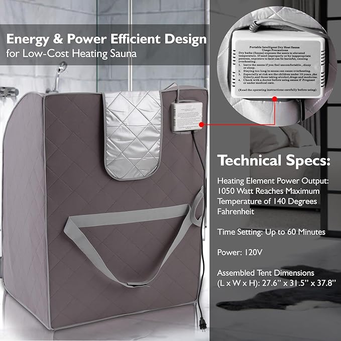 SereneLife Portable Sauna for Home, Infrared Sauna Tent with Heated Foot Pad and Folding Chair, Compact Personal Rejuvenation Sauna, Remote Control In-Home Spa, 38" x 32” - (Gray)