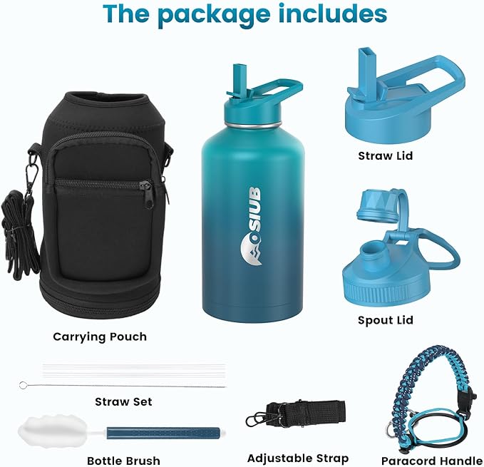 Insulated Water Bottle 64 oz, Triple Wall Vacuum Stainless Steel(Cold for 48 Hrs),Leak Proof & BPA-Free,Half Gallon Water Bottle with Reflective Paracord & Flip Straw for Sports & Travel, CyanBlue-FlexoryFit