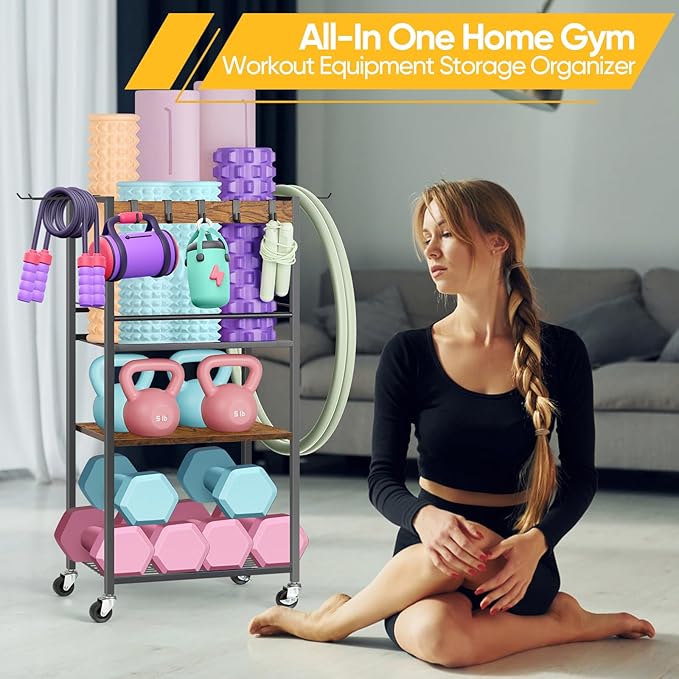 Home Gym Storage Rack, Heavy Duty Yoga Mat Holder Workout Equipment Storage Organizer Weight Rack with Hooks & Wheels for Dumbbells Kettlebells Dumbbell Yoga Block Foam Rollers Yoga Strap Resistance Bands, Fitness Exercise Equipment-FlexoryFit