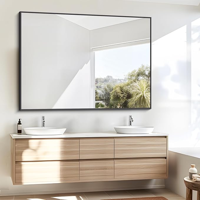 Bathroom Mirror,36x48 inch Large Wall Mirror for Bathroom Wall Mounted Black Rectangle Corner Mirrors,Black Bathroom Mirror for Living Room,Farmhouse,Bedroom Entryway,Horizontal/Vertical-FlexoryFit
