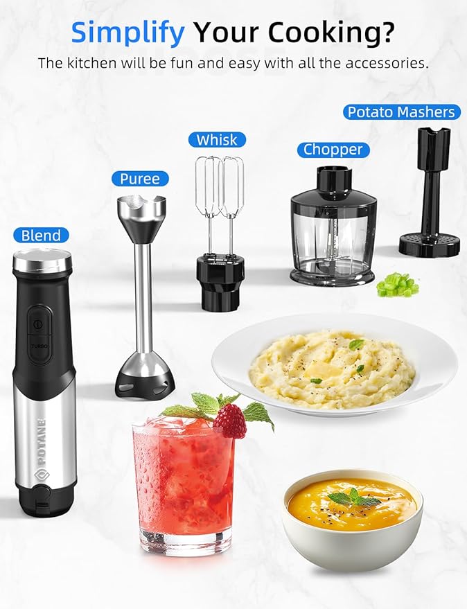 Immersion Blender, Hand Blender Heavy Duty Copper Motor, Stainless Steel Smart Stick with Egg Beaters, Chopper/Food Processor-FlexoryFit