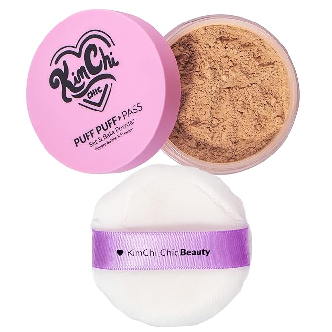 Kimchi Chic Beauty Puff Puff Pass Set and Bake Setting Powder for Makeup, Extra Fluffy Loose Face Powder Poof, Soft Natural Face Makeup for Uneven Skin Tone, 05 Suntan-FlexoryFit