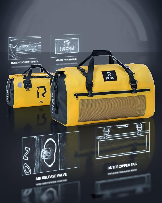 BORLENI Waterproof Motorcycle Dry Duffel Bag Luggage Tail Bag with Large Storage Space,Roll Top Closure, Shoulder Straps, Inner Pocket and Mesh Pocket for Motorcycling Travel Camping(Yellow,70L)