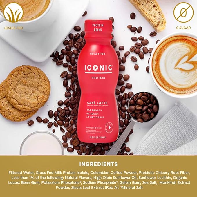 Iconic Protein Drinks, Café Latte (12 Pack) - Sugar Free & Low Carb - 20g Protein + 100mg Caffeine - Lactose Free, Gluten Free - Keto Friendly Protein Coffee-FlexoryFit