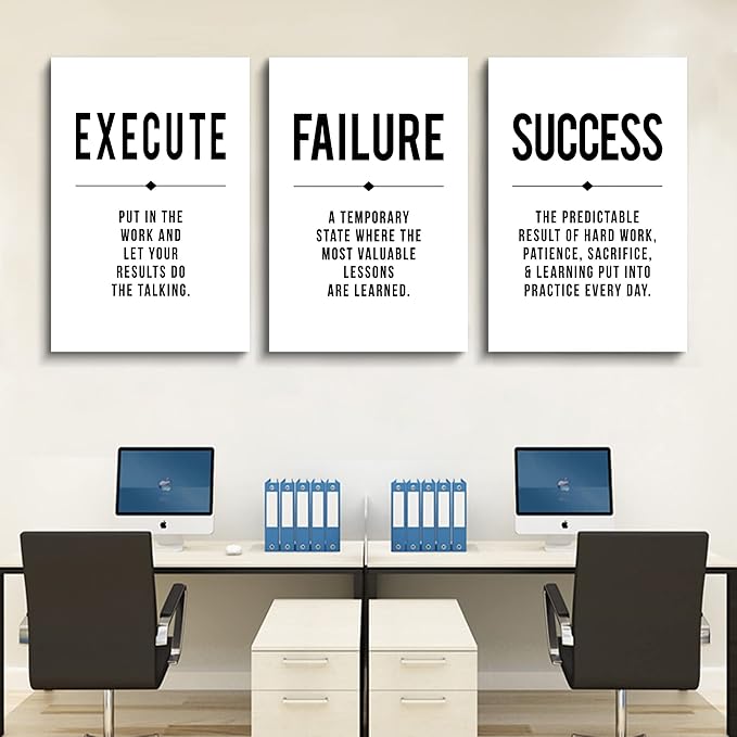 Framed Canvas Wall Art Success Quote, Office Wall Art, Black Large Poster, Positive Motivational Set of 3 Prints, Execute Failure Definition, Inspirational Print (D-3pcs,20x30inchx3pcs)-FlexoryFit