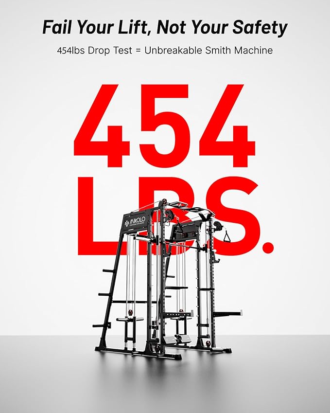 Mikolo Smith Machine, 2200lbs Squat Rack with LAT-Pull Down System & Cable Crossover Machine, Training Equipment with Leg Hold-Down Attachment-FlexoryFit