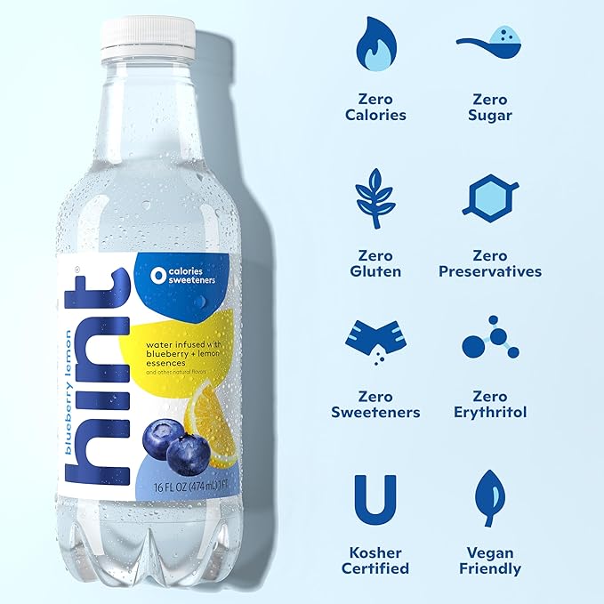 Hint Water Blueberry Lemon, Pure Water Infused with Blueberries & Lemons, Zero Sugar, Zero Calories, Zero Sweeteners, Zero Preservatives, Zero Artificial Flavors, 16 Fl Oz (Pack of 12)-FlexoryFit