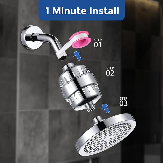 Filtered Shower Head with 15 Stage Water Softner Shower Filter for Hard Water,Reduces Chlorine and Heavy Metals,Powerful Shower Heads High Pressure (6" Round,Polished Chrome)