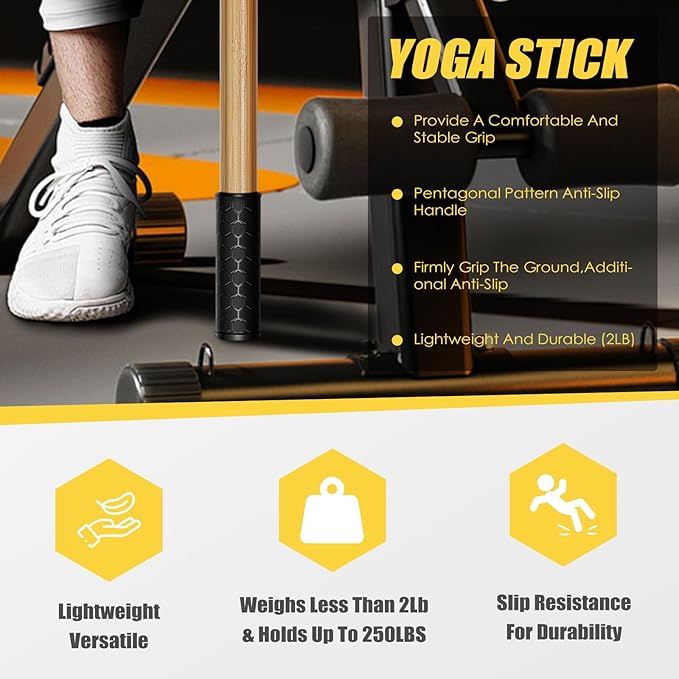 Bamboo Stretch Yoga Stick, 5ft/149 cm, Flexibility Stick for Physical Therapy, Premium Yoga Dowel with Super Sturdy Rubber Handle Ends, Exercise Bar for Posture Corrector-FlexoryFit