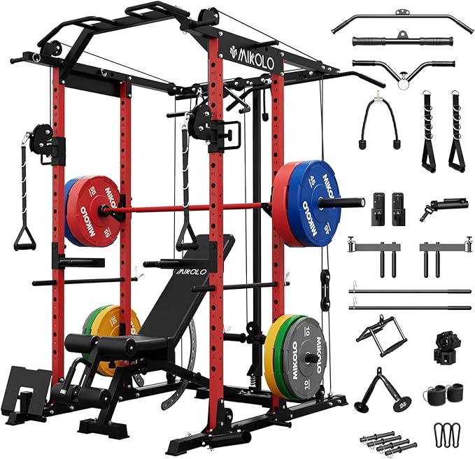 Mikolo Power Cage, Power Rack with Cable Crossover System, 1500LBS Squat Rack with LAT Pull Down System, Workout Cage with Pulley System for Fitness Home Gym-FlexoryFit