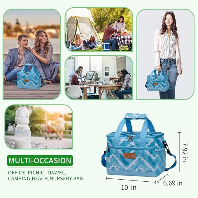 iknoe Large Foldable Cooler Bag, 8.5L Insulated Lunch Bag, Leakproof Lunch Cooler Tote with Multi-Bag Design Suitable for Beach, Picnic and Office Use, Blue White 15-Can-FlexoryFit