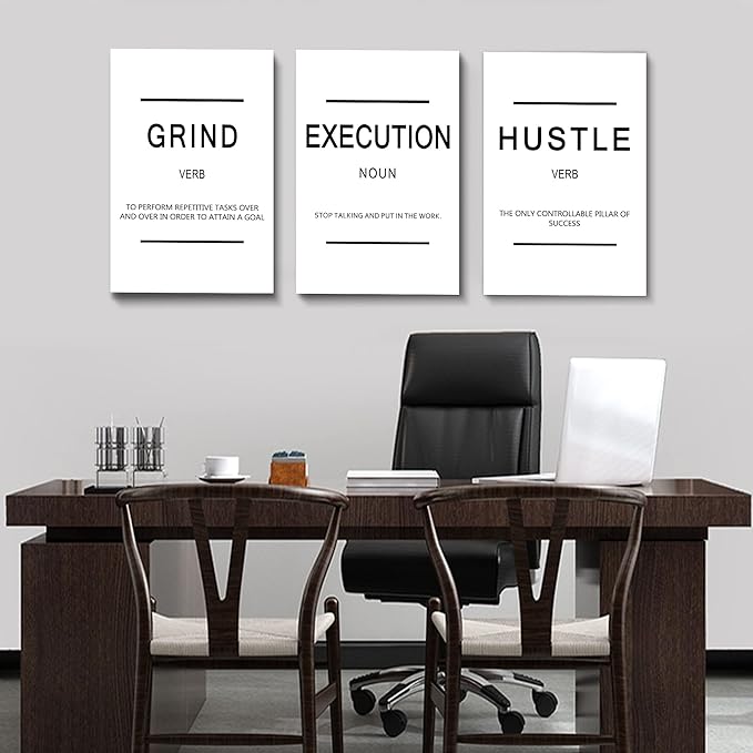 Framed Canvas Wall Art Success Quote, Office Wall Art, White Large Poster, Positive Motivational Set of 3 Prints, Grind Execution Hustle Poster, Inspirational Print-FlexoryFit
