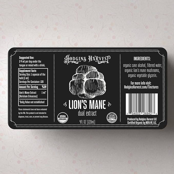 Hodgins Harvest Organic Lion's Mane Tincture | Made with Mushrooms Grown On Our Farm in The USA | Dual Extract | Extra-Concentrated (4 fl oz)-FlexoryFit